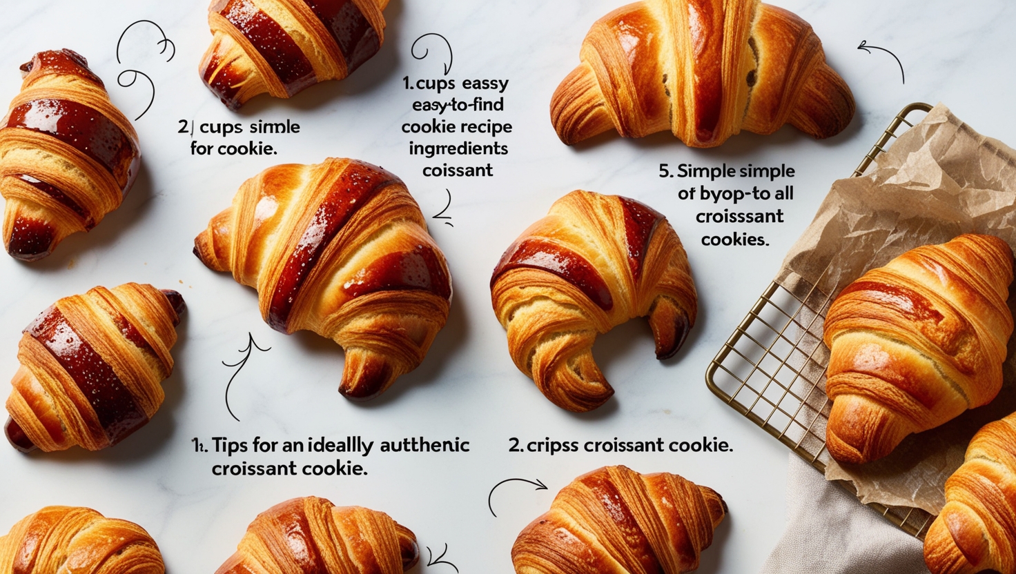 Freshly baked croissant cookies with text overlays showing various steps for making croissant cookies