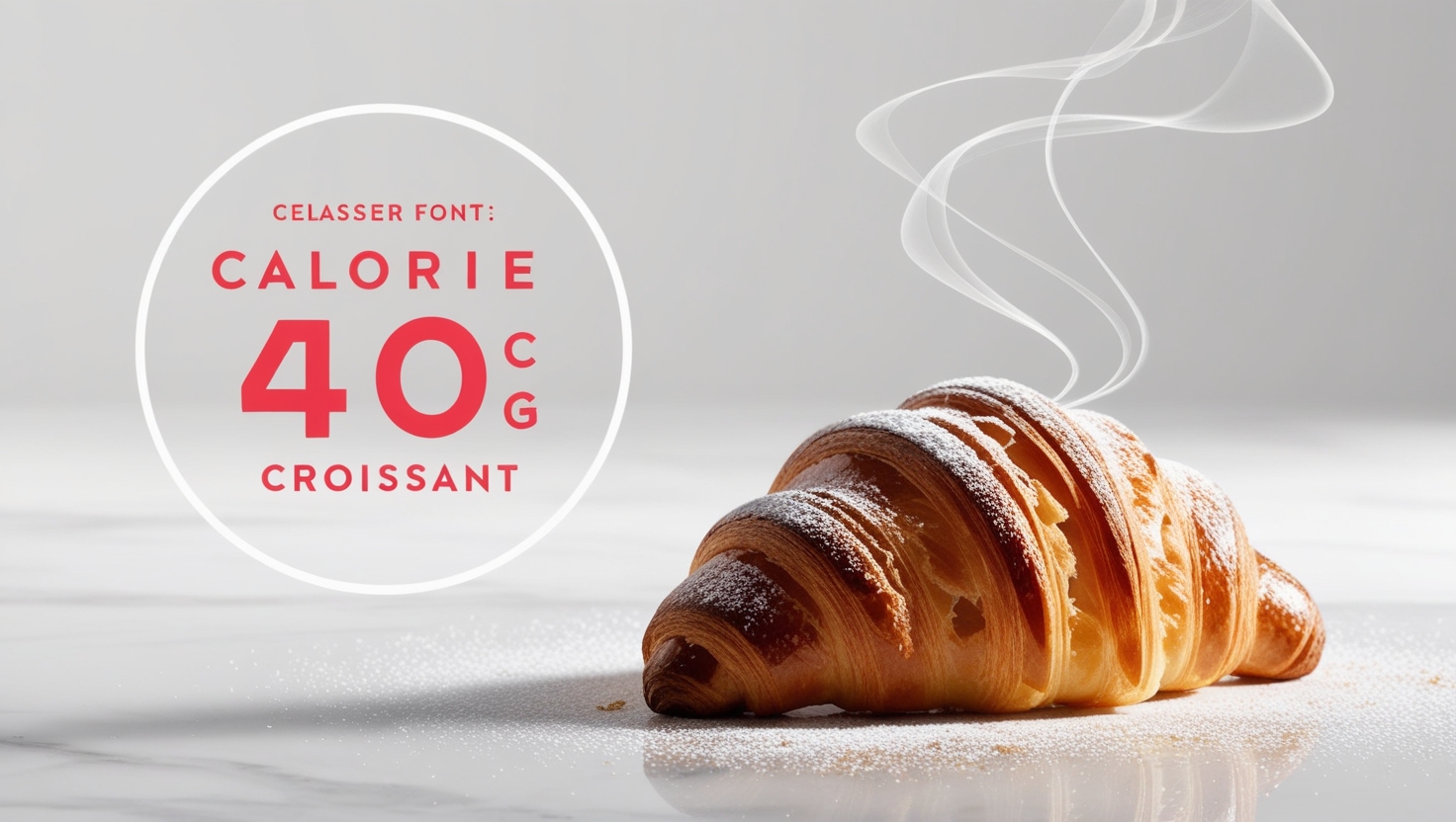 A freshly baked croissant sprinkled with powdered sugar, with a bold red text overlay indicating 40 calories.