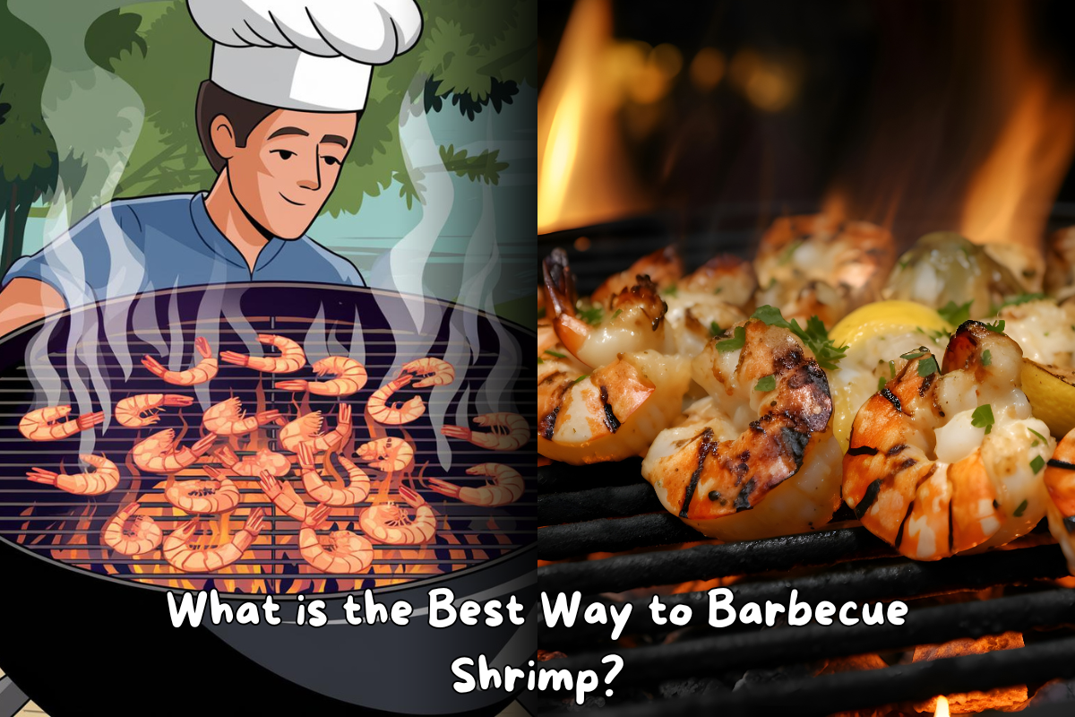 Chef grilling shrimp on a barbecue grill with flames and delicious grilled shrimp skewers.