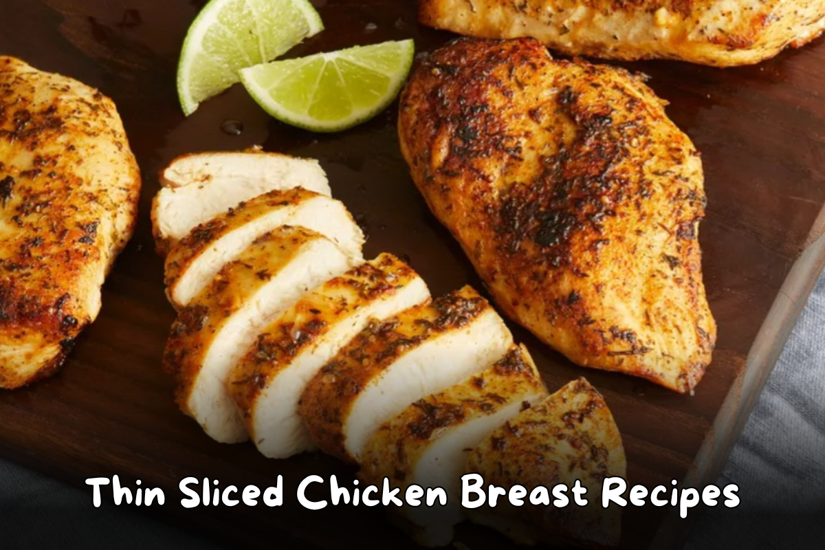 Grilled thin-sliced chicken breast seasoned with herbs and served with lime wedges.