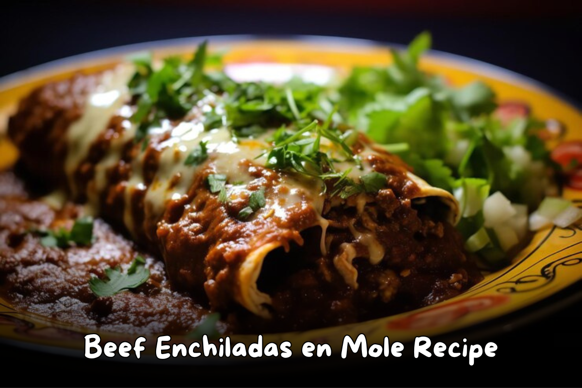 Beef enchiladas topped with rich mole sauce and melted cheese, garnished with fresh cilantro.