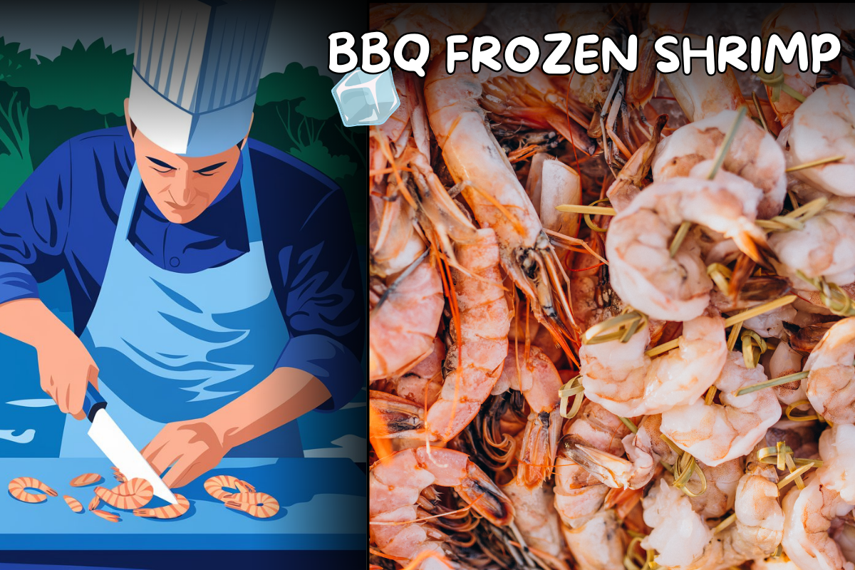 Chef slicing shrimp with a knife next to a pile of frozen shrimp skewers ready for grilling on the BBQ