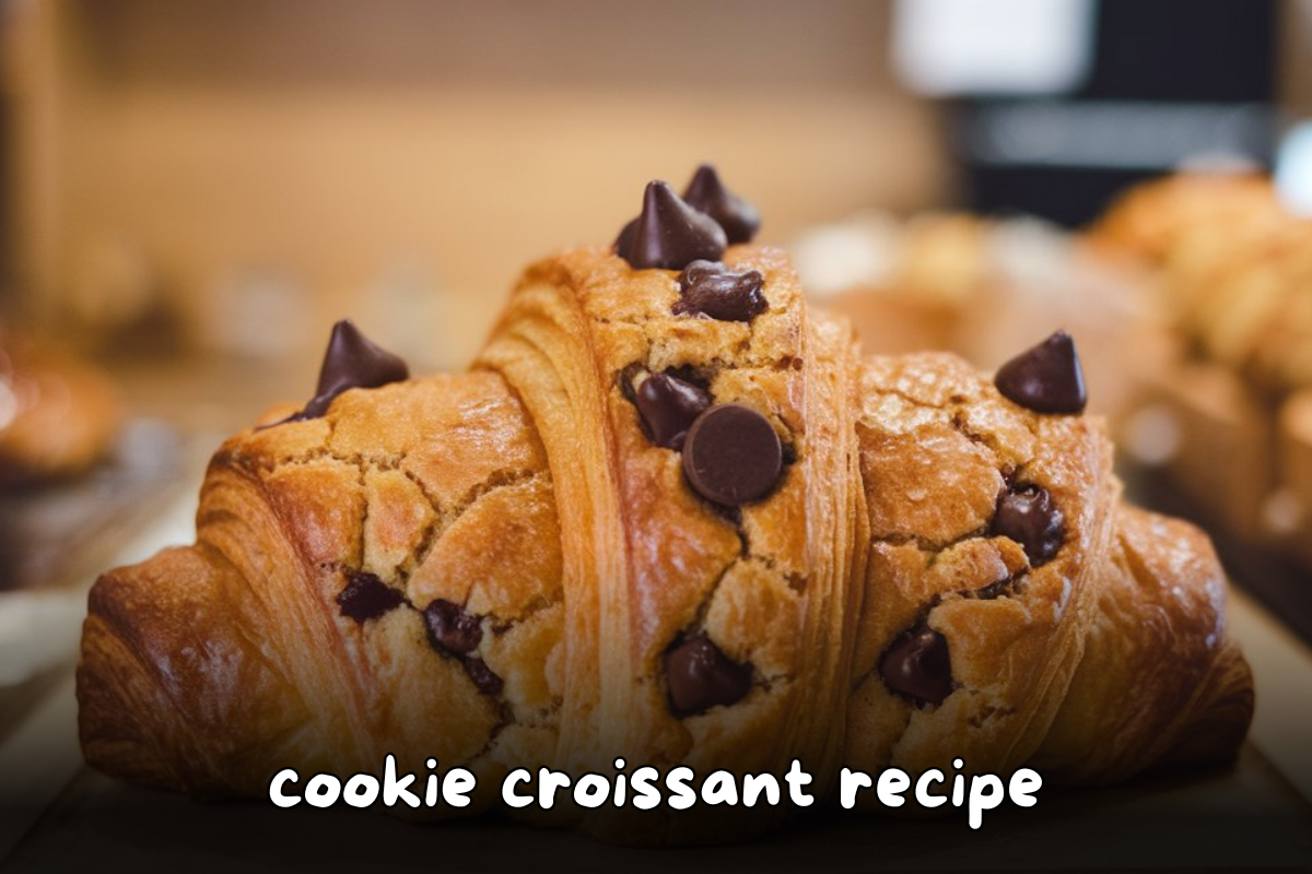 Close-up of a cookie croissant topped with chocolate chips on a baking tray.