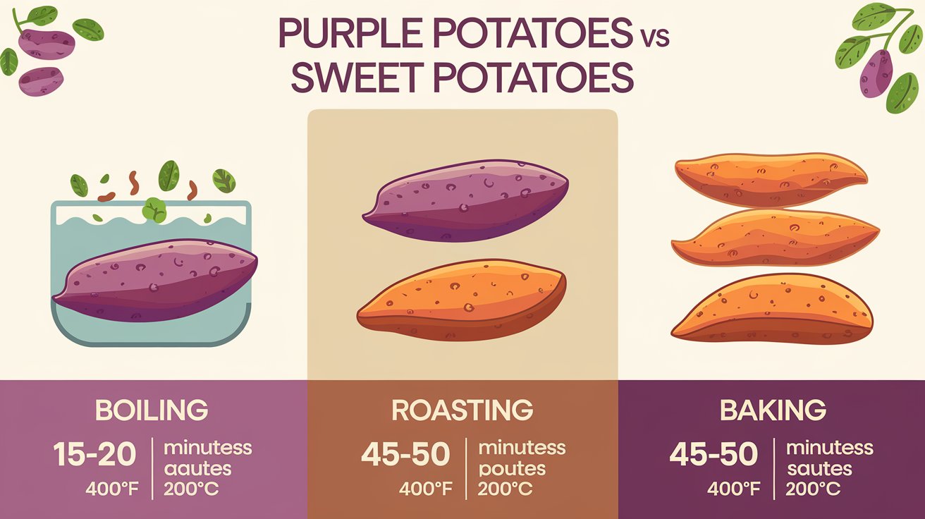 An infographic comparing cooking methods and times for purple potatoes versus sweet potatoes, including boiling, roasting, and baking times.