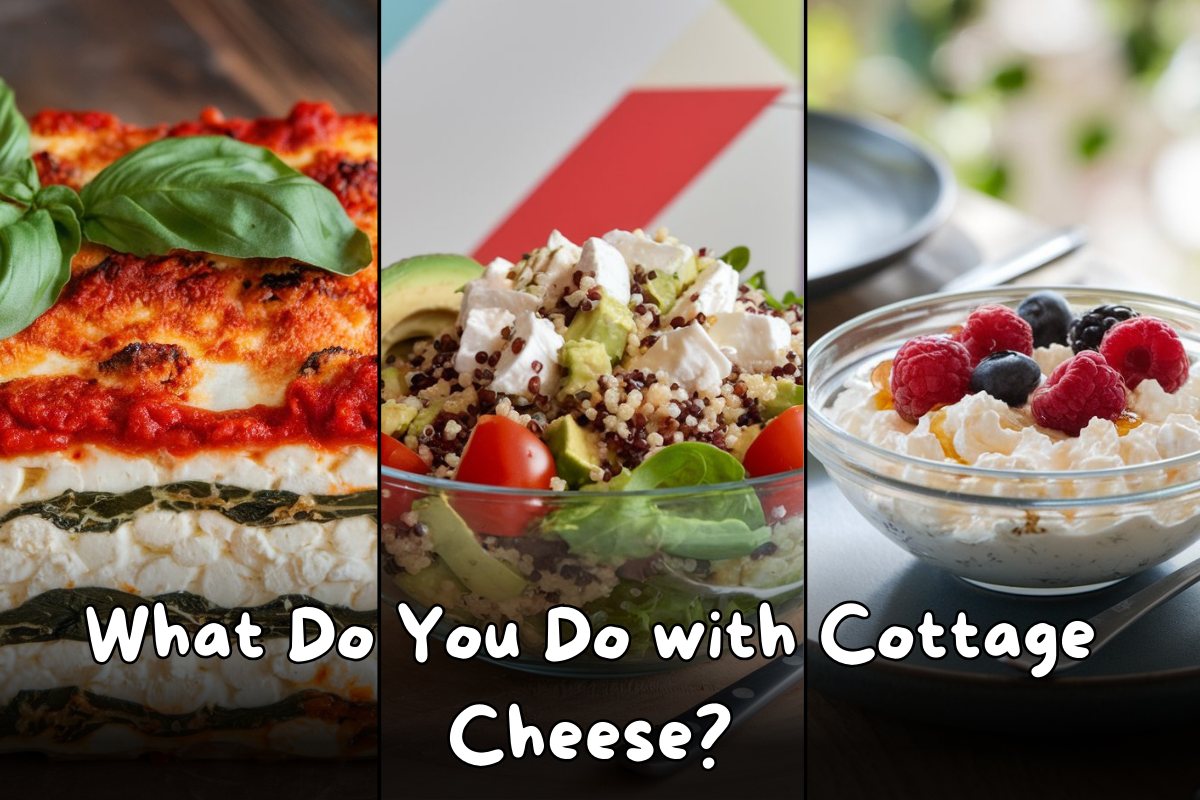 Lasagna, quinoa salad with cottage cheese, and cottage cheese with berries in a trio image.