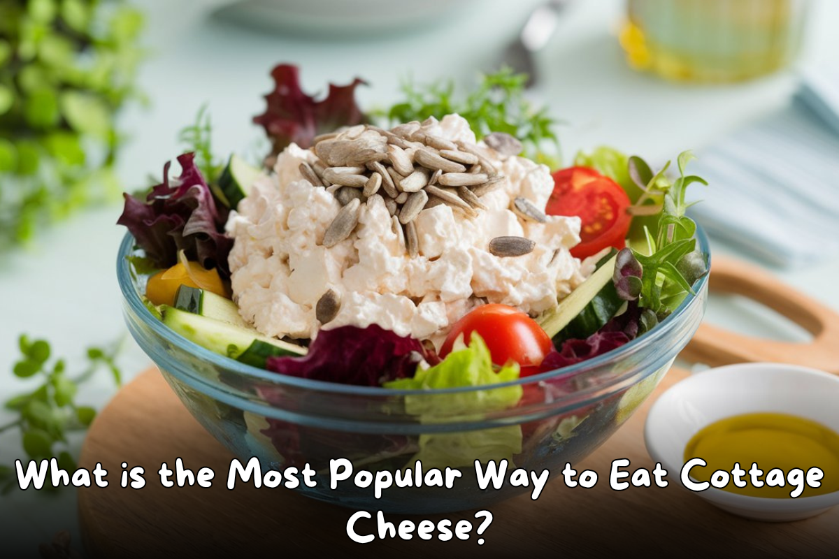 A fresh salad bowl with cottage cheese, sunflower seeds, cucumbers, cherry tomatoes, and mixed greens