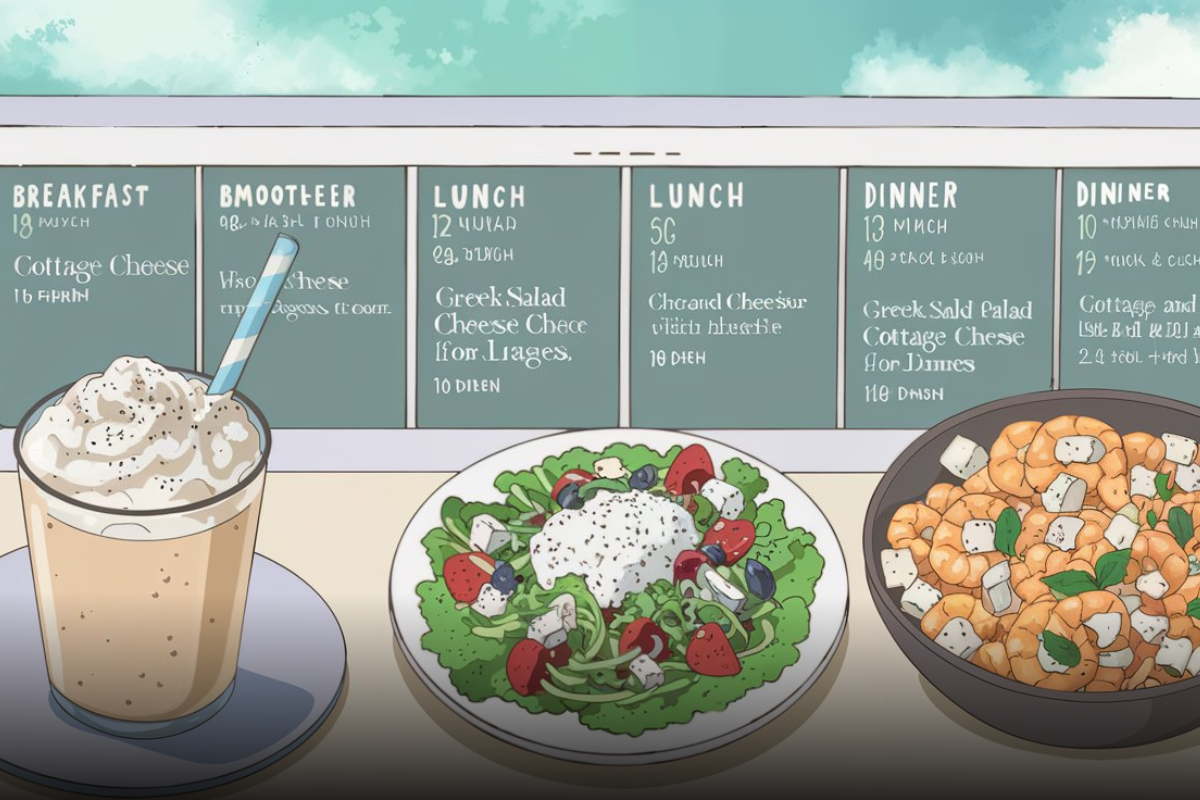 Weekly meal plan featuring a cottage cheese smoothie, Greek salad, and shrimp with cottage cheese in an illustrated format.