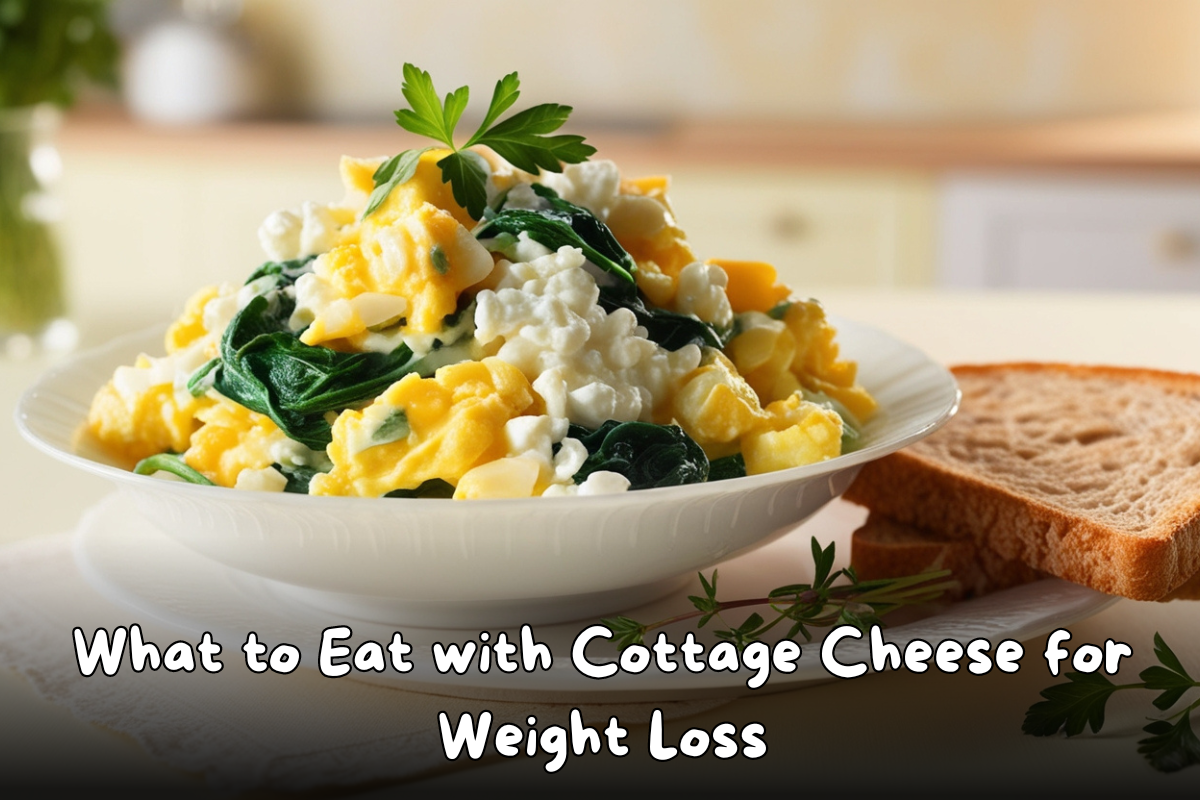 A bowl of scrambled eggs mixed with cottage cheese and spinach, served with a slice of whole grain toast, ideal for weight loss.