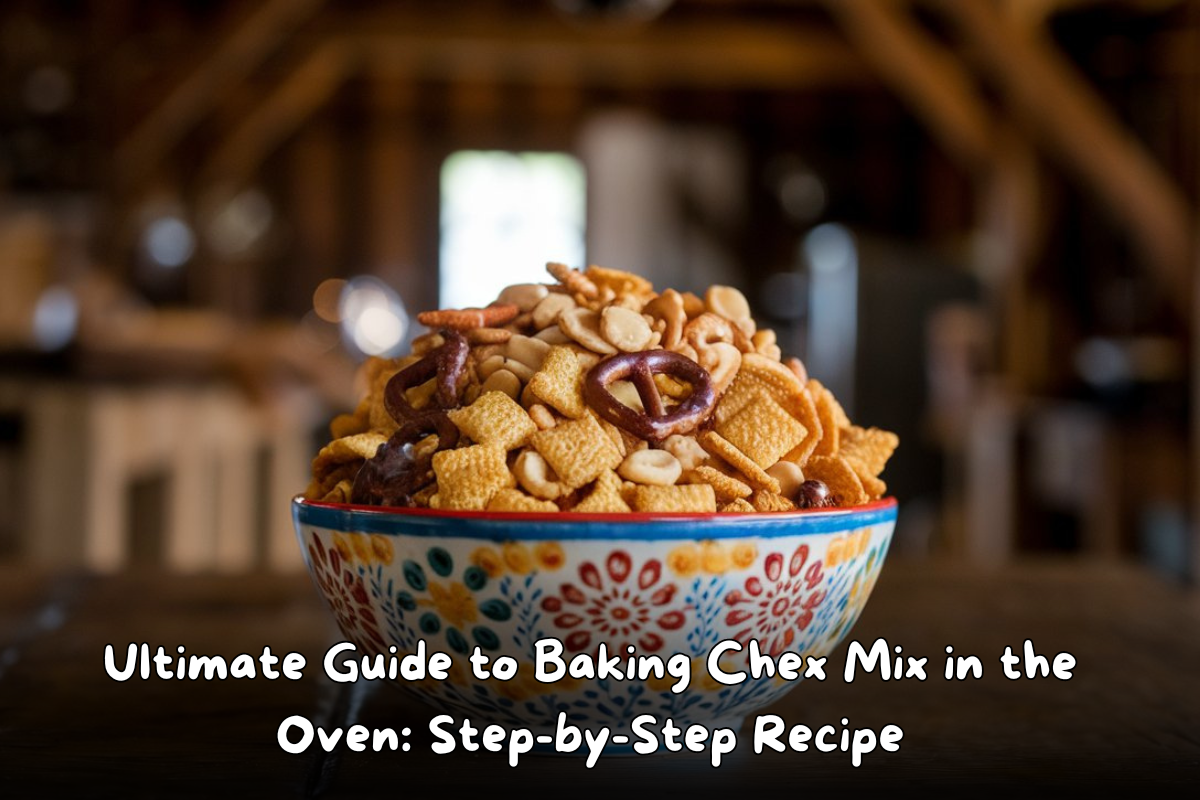 Bowl of homemade oven-baked Chex Mix with pretzels, nuts, and cereal, placed on a wooden table in a rustic setting.