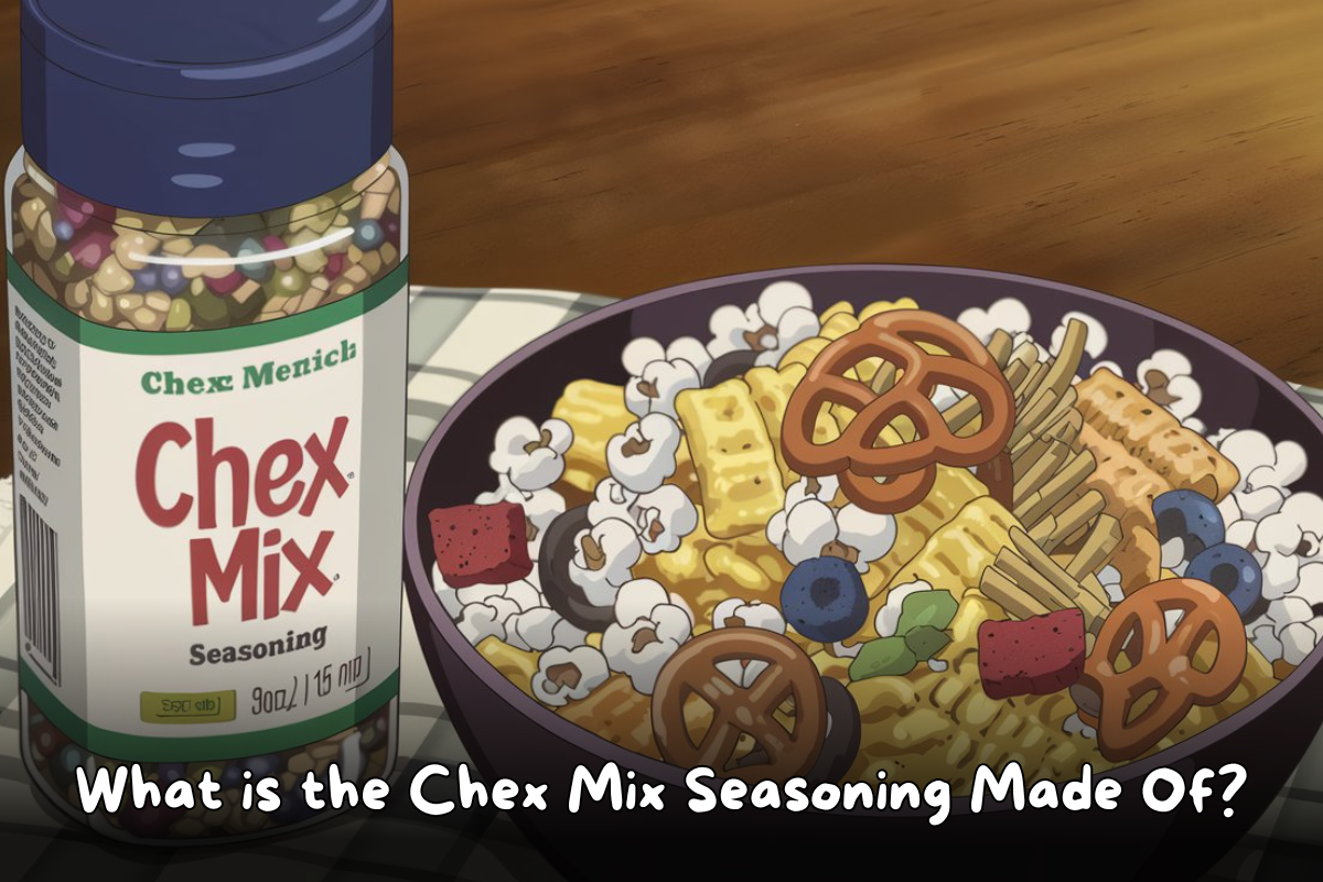 A bowl of Chex Mix with pretzels, popcorn, and various snacks, alongside a bottle labeled "Chex Mix Seasoning.