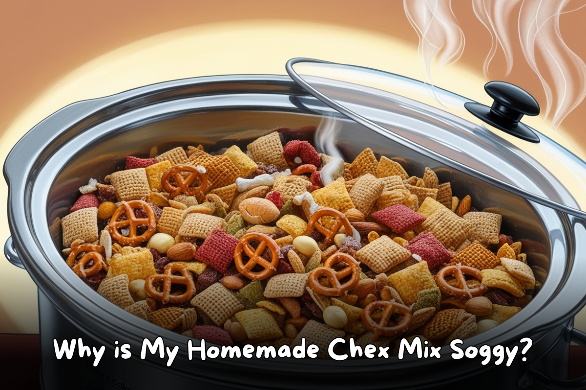 A close-up of a homemade Chex Mix in a slow cooker, featuring pretzels, cereal, nuts, and steam rising, symbolizing a warm and fresh batch.