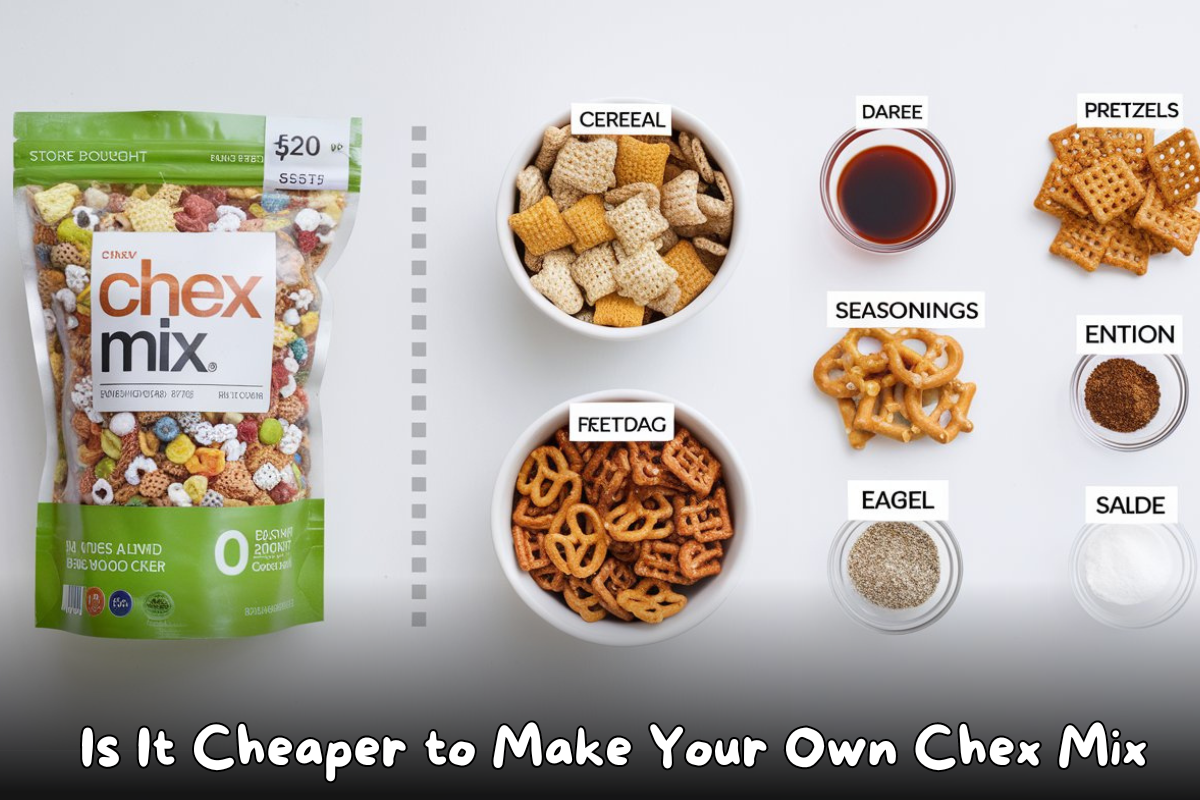 A comparison image showing a store-bought bag of Chex Mix on the left and the ingredients for homemade Chex Mix on the right, including cereals, pretzels, seasonings, and spices.