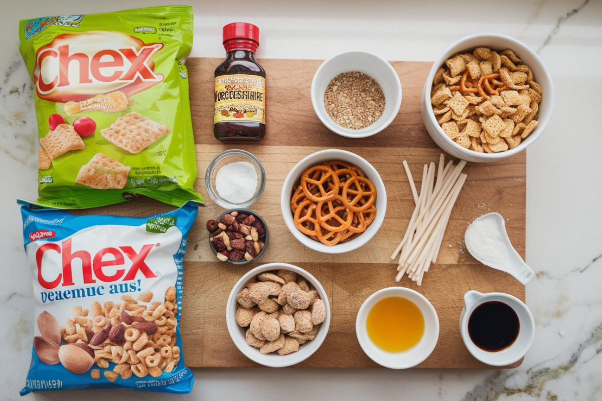 Ingredients for homemade Chex Mix, including Chex cereal, pretzels, nuts, Worcestershire sauce, and seasoning on a wooden board.