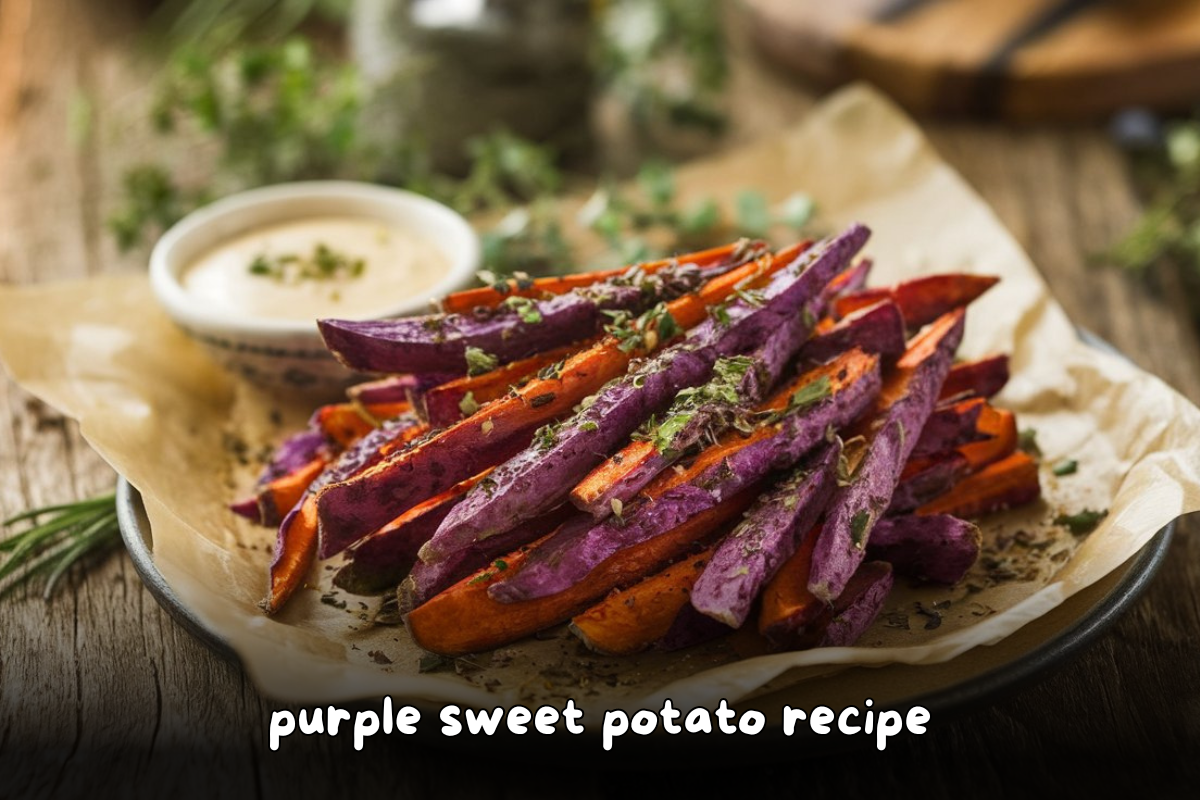 A plate of roasted purple sweet potato fries garnished with herbs and served with garlic dipping sauce.