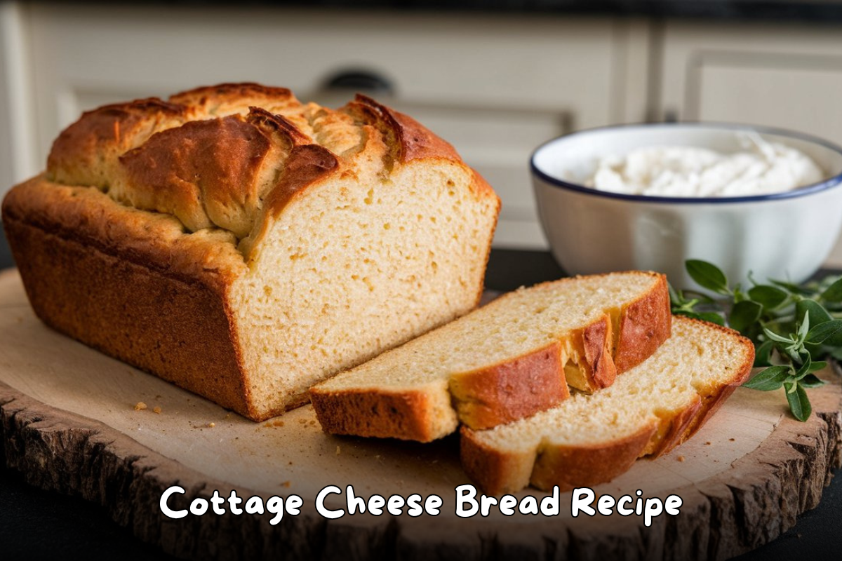 A freshly baked loaf of cottage cheese bread sliced on a wooden cutting board with a bowl of cottage cheese in the background.