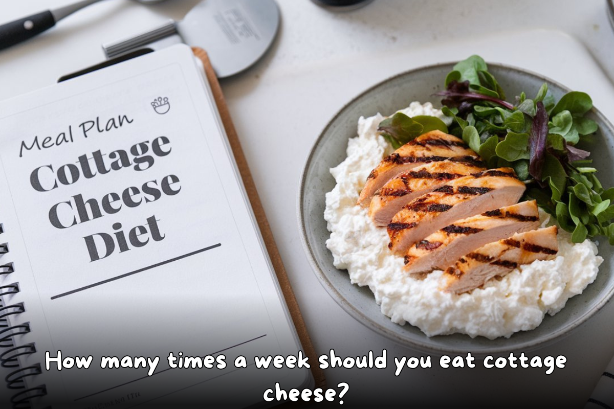 Meal plan notebook with 'Cottage Cheese Diet' next to a plate of cottage cheese, grilled chicken, and leafy greens.