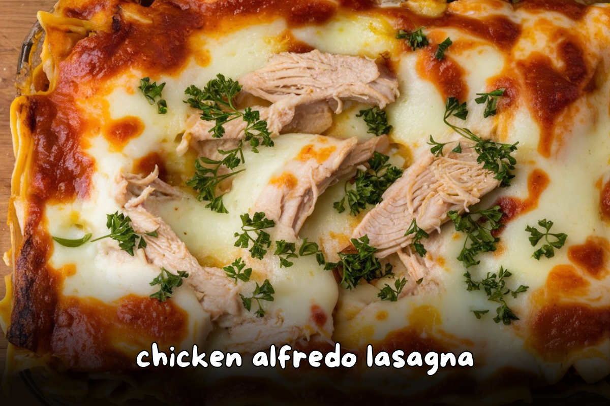 Close-up of a cheesy Chicken Alfredo Lasagna topped with shredded chicken and fresh parsley.