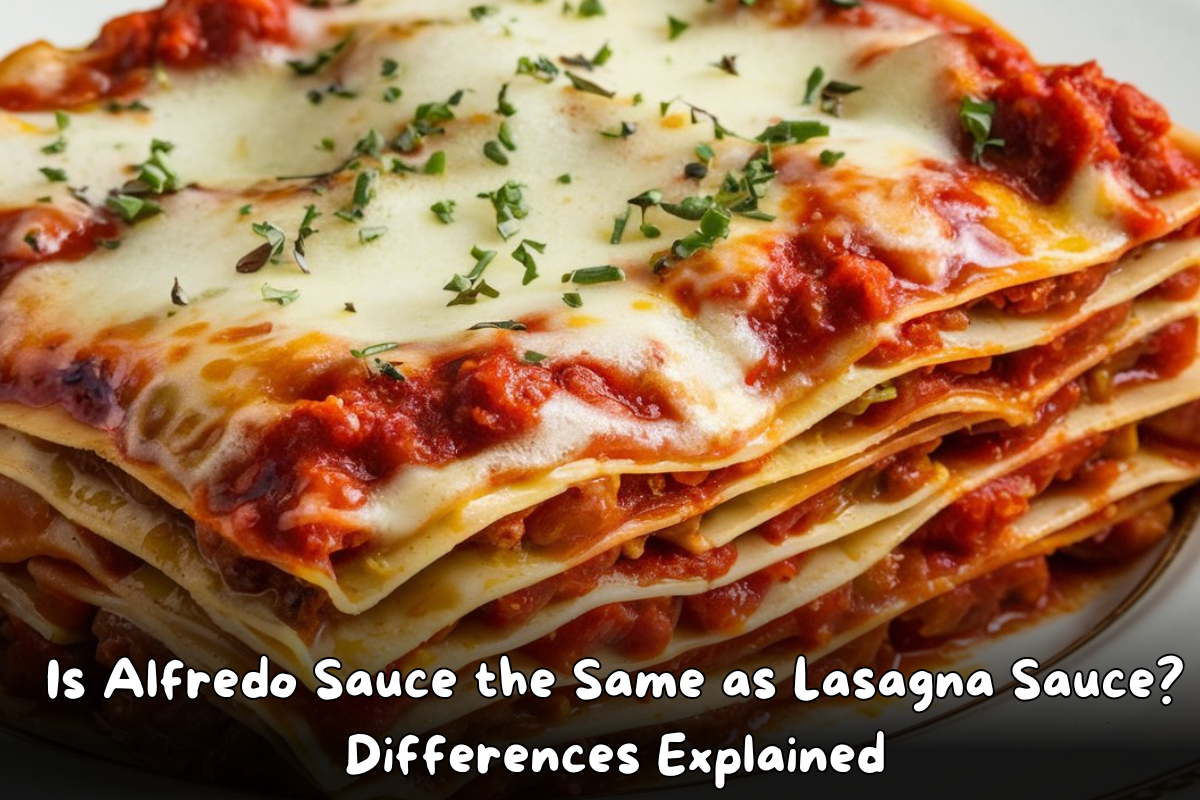 Close-up view of a traditional lasagna slice with rich tomato sauce, melted cheese, and garnished with herbs.