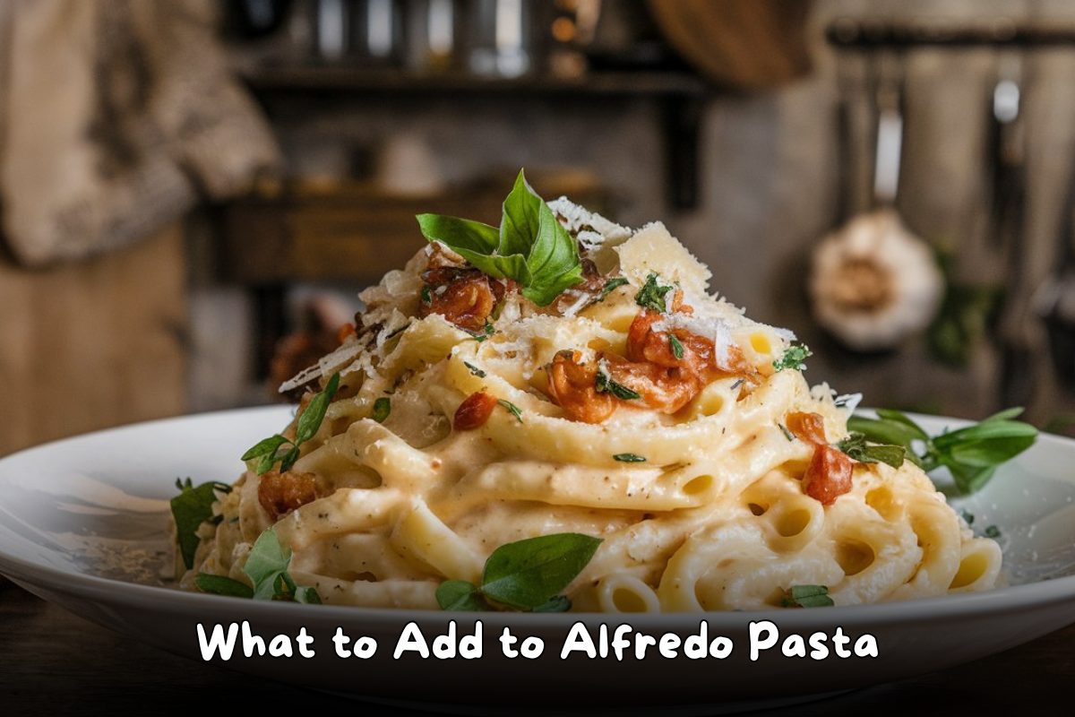 A delicious plate of Alfredo pasta garnished with fresh basil, Parmesan cheese, and crispy bacon pieces, served on a white plate in a rustic kitchen setting.