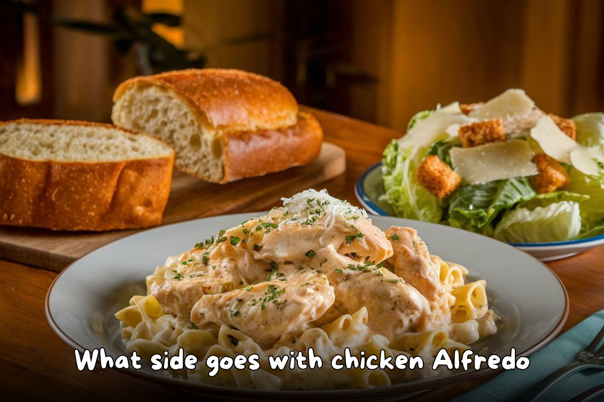 A delicious plate of creamy chicken Alfredo pasta, served with a side of freshly baked bread and a Caesar salad, featuring crisp romaine lettuce, croutons, and shaved Parmesan.