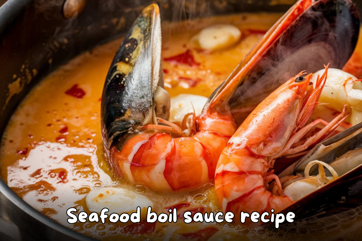 Close-up of a shrimp and mussel in a rich seafood boil sauce with garlic and spices