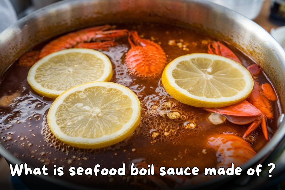 Seafood boil sauce with shrimp and lemon slices simmering in a pot.