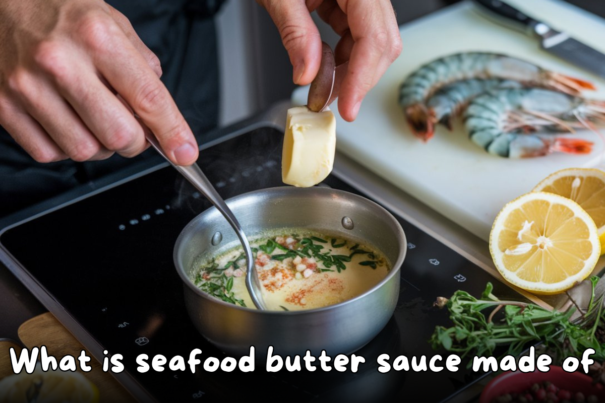 A person preparing seafood butter sauce by adding butter to a saucepan with garlic, herbs, and spices, with fresh shrimp and lemons in the background.