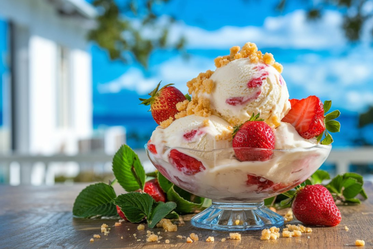 A bowl of strawberry shortcake ice cream with fresh strawberries and shortcake crumbles, set outdoors on a sunny day with a bright blue sky in the background.