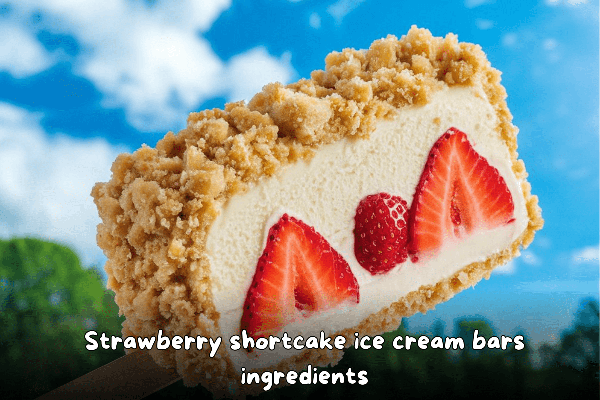 Close-up of a strawberry shortcake ice cream bar with crumb coating and visible strawberry slices inside.