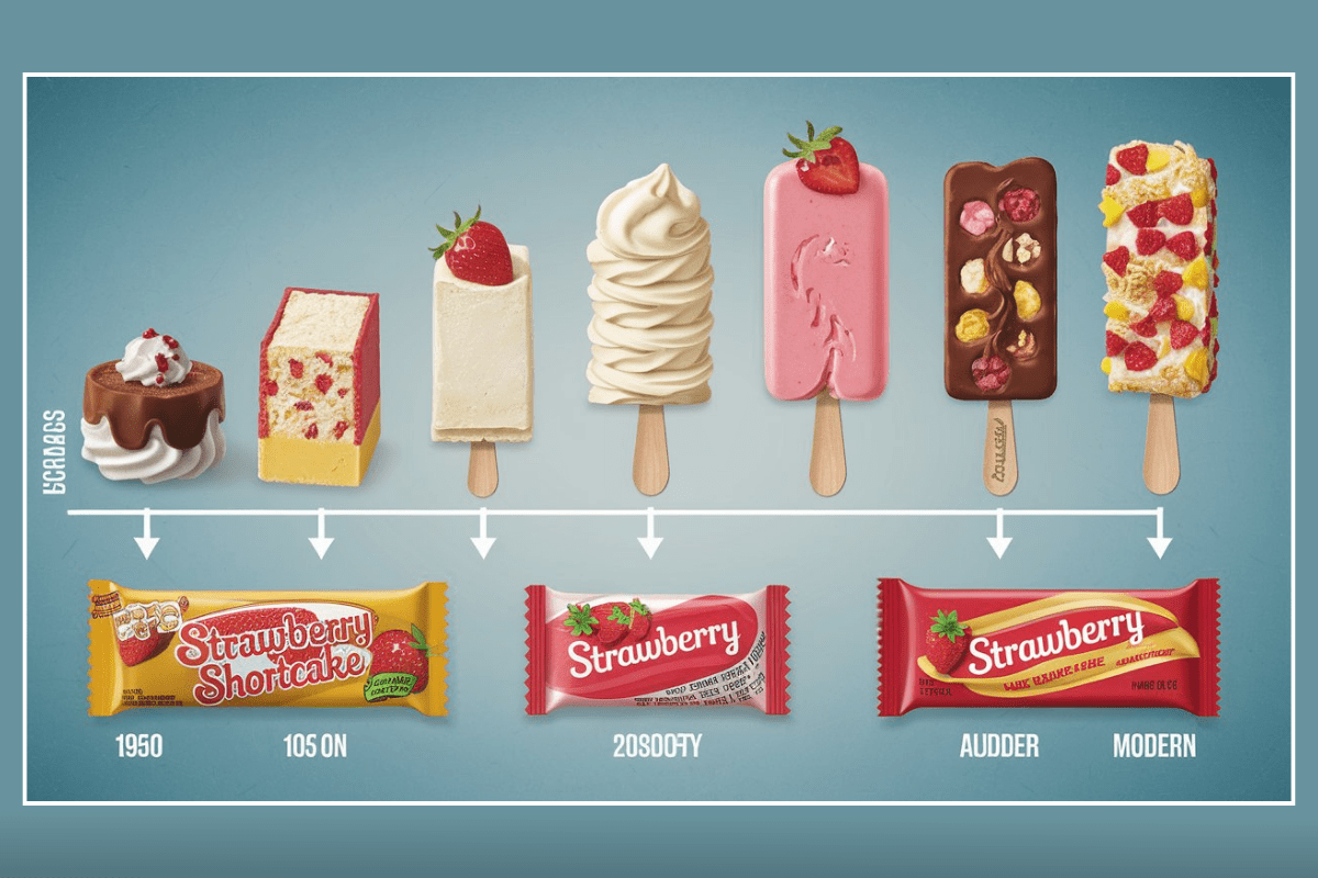 Evolution of strawberry shortcake ice cream bars from 1950s to modern day, showing different designs and packaging over time.