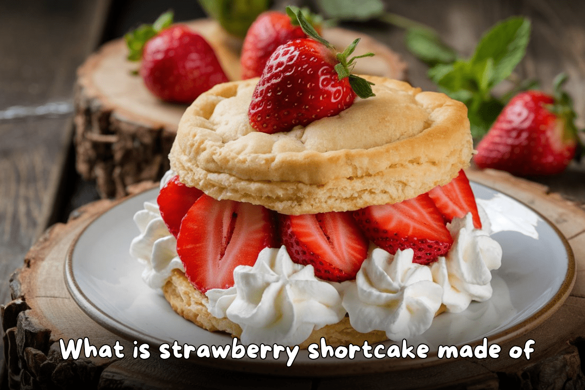 A delicious strawberry shortcake featuring fresh strawberries, whipped cream, and a flaky shortcake biscuit on a white plate.