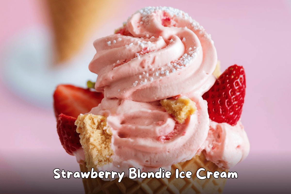 "Close-up of strawberry blondie ice cream in a waffle cone, with fresh strawberry slices and blondie chunks against a pastel pink background.