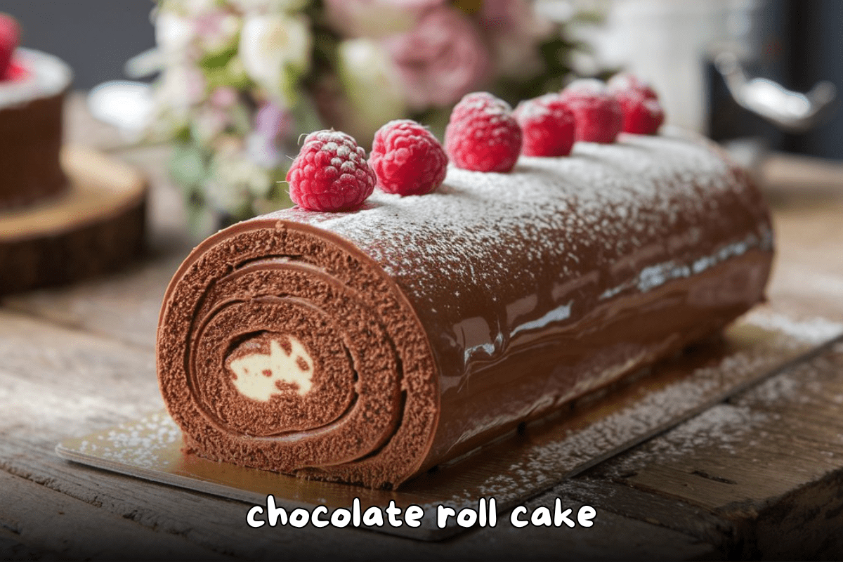 A chocolate roll cake topped with powdered sugar and fresh raspberries on a rustic wooden table.