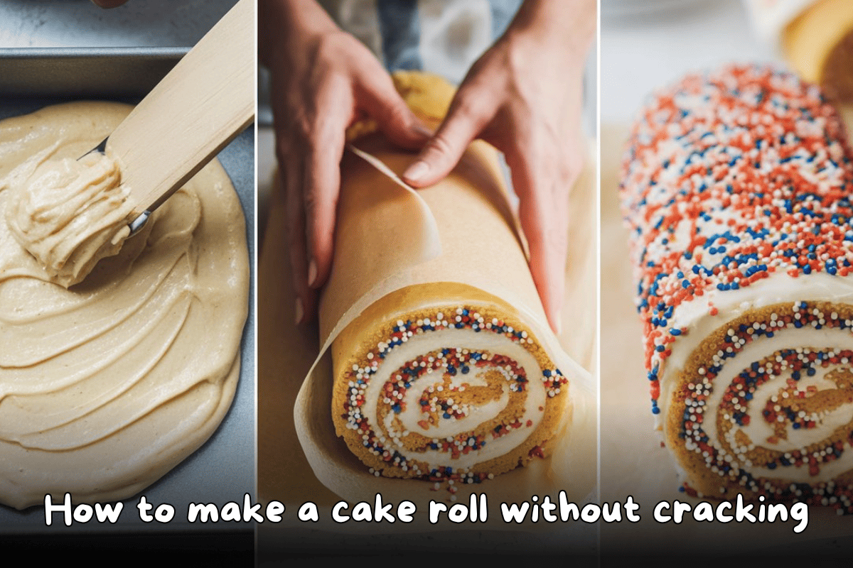 Step-by-step process of making a cake roll without cracking, showing batter being spread, the cake being rolled with parchment paper, and the final decorated cake roll.