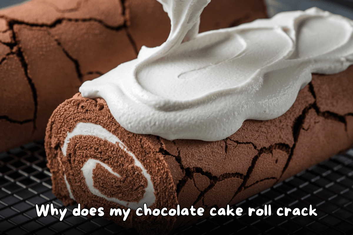 Cracked chocolate cake roll being filled with whipped cream on a cooling rack.