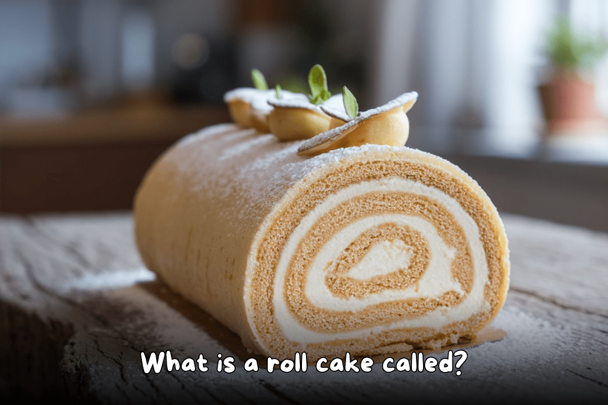 A light Swiss roll cake with cream filling and delicate decorations, dusted with powdered sugar, placed on a rustic wooden table.