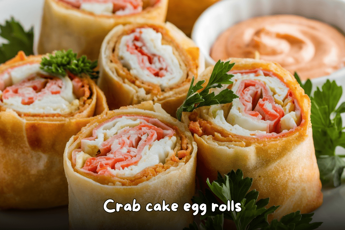 Golden crispy crab cake egg rolls sliced and served with a parsley garnish and dipping sauce on the side.