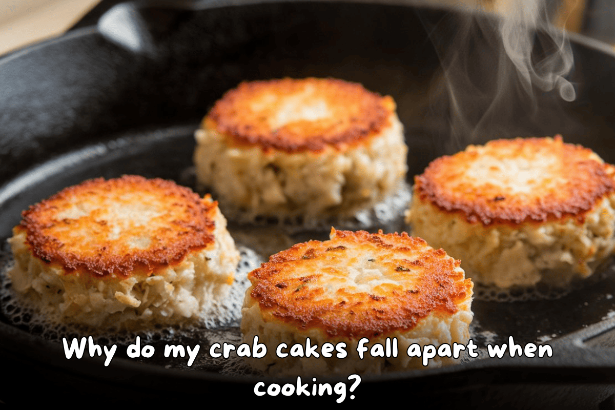 Golden brown crab cakes sizzling in a cast iron skillet with a crispy top, emitting steam during cooking.