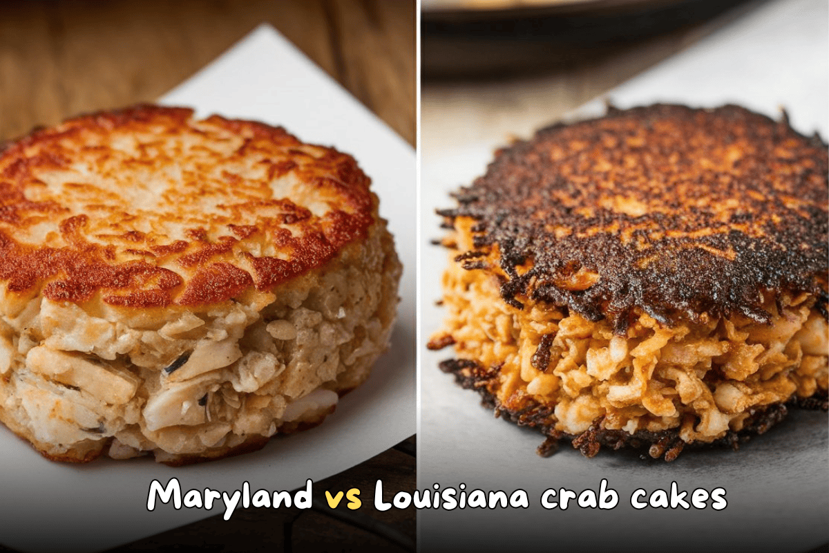 Side-by-side comparison of Maryland crab cake and Louisiana crab cake. Maryland crab cake is golden and broiled, while Louisiana crab cake is dark and crispy with Cajun spices.