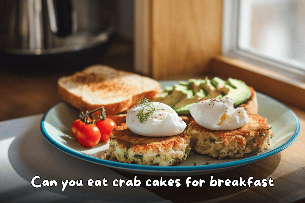 Breakfast plate with poached eggs on crab cakes, avocado toast, cherry tomatoes, and toast by the window