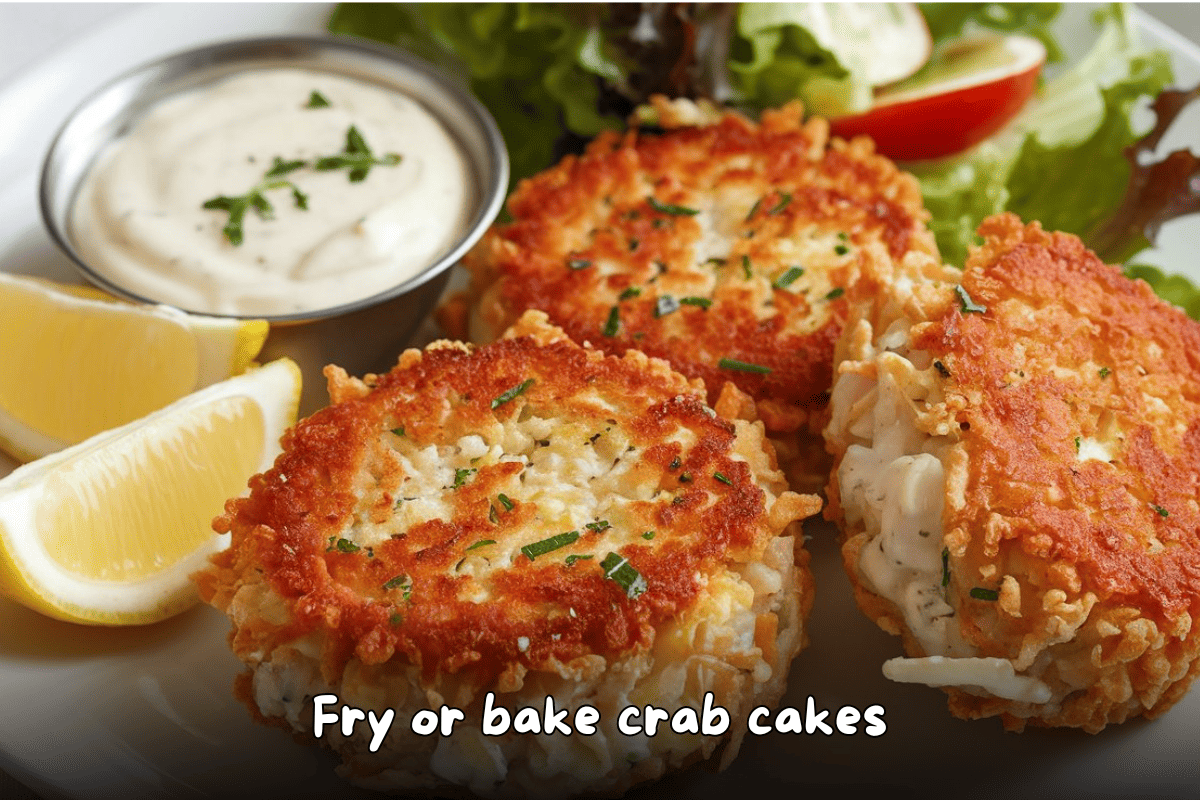 Golden brown fried crab cakes served with lemon wedges, tartar sauce, and a fresh green salad.