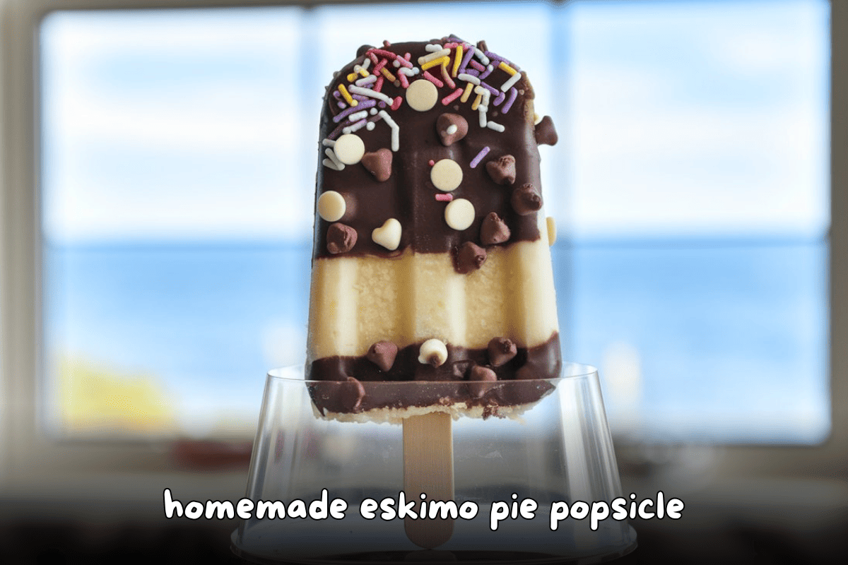 Homemade Eskimo Pie Popsicle topped with colorful sprinkles, white chocolate chips, and chocolate chips.