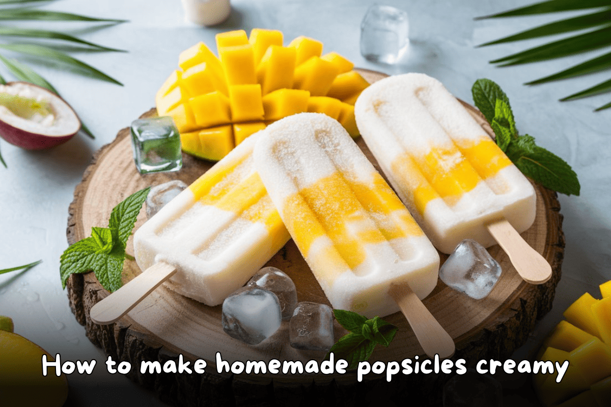 Homemade creamy popsicles made with mango and coconut milk, displayed on a wooden board with fresh mango slices, mint leaves, and ice cubes.