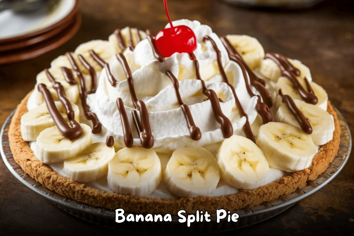 A banana split pie with a graham cracker crust, topped with whipped cream, sliced bananas, chocolate syrup, and a maraschino cherry.