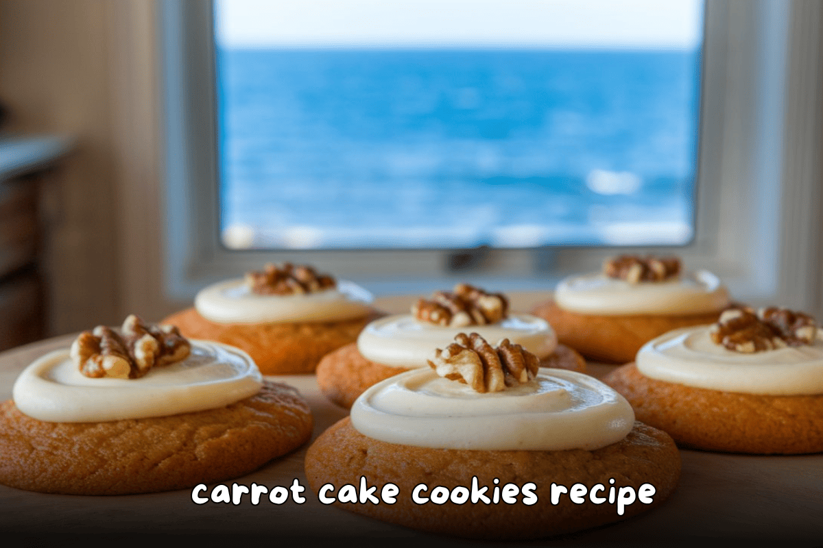 Soft carrot cake cookies with cream cheese frosting and walnut topping, displayed on a wooden surface by the ocean.