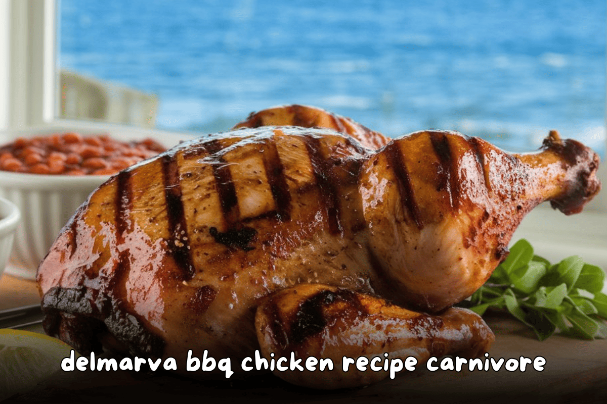 Grilled Delmarva BBQ chicken with crispy char marks, served by the ocean, accompanied by coleslaw and baked beans.