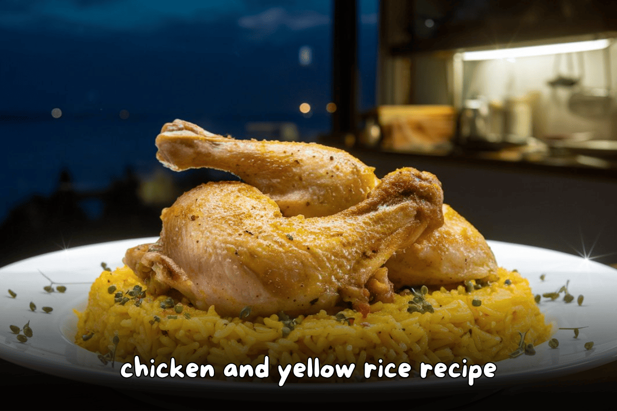 Chicken and yellow rice served on a plate, featuring golden-browned chicken legs on top of seasoned yellow rice.