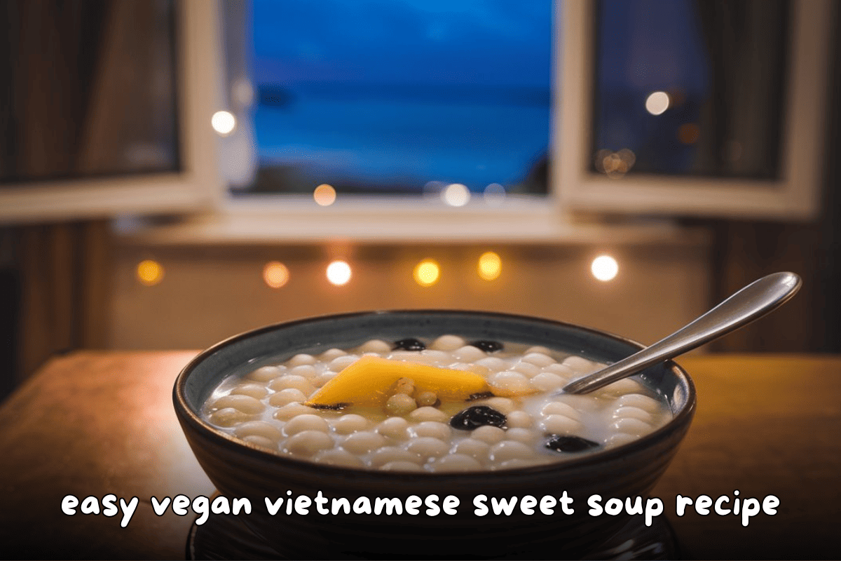 Bowl of vegan Vietnamese sweet soup with tapioca pearls and coconut milk, topped with a slice of mango, with warm ambient lighting in the background.