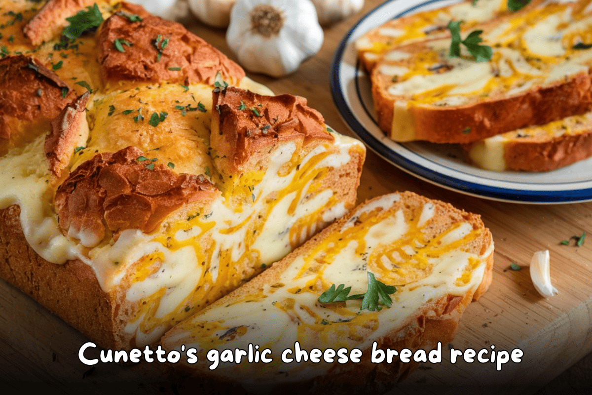 Cheesy garlic bread with parsley garnish, featuring Cunetto’s famous garlic cheese bread recipe.