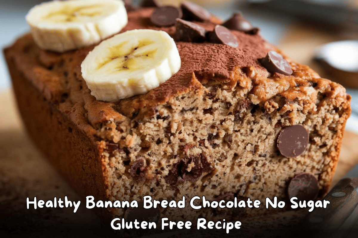 Healthy banana bread with chocolate chips and banana slices on top, gluten-free and sugar-free.